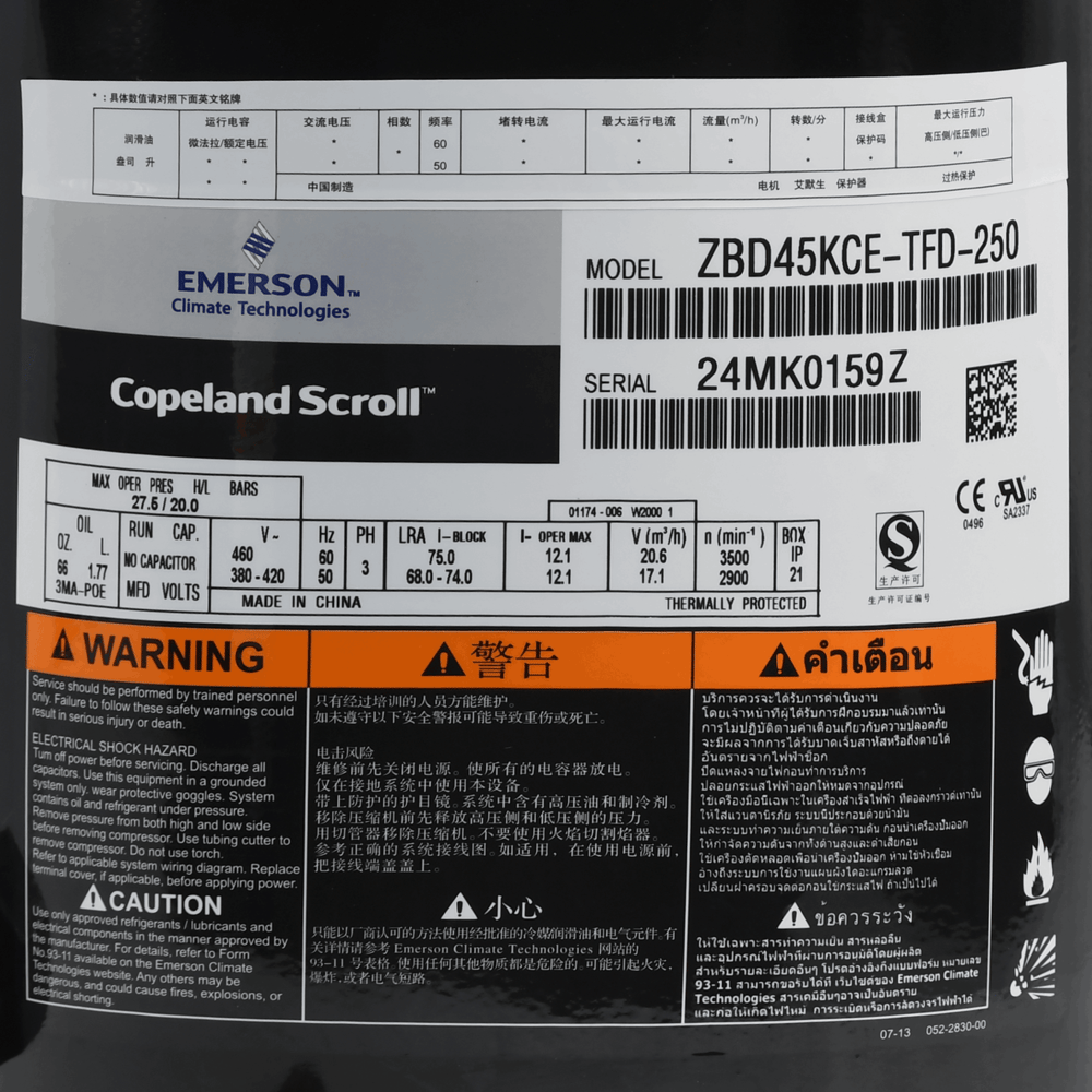 Copeland Compressor ZBD45KCE-TFD-250